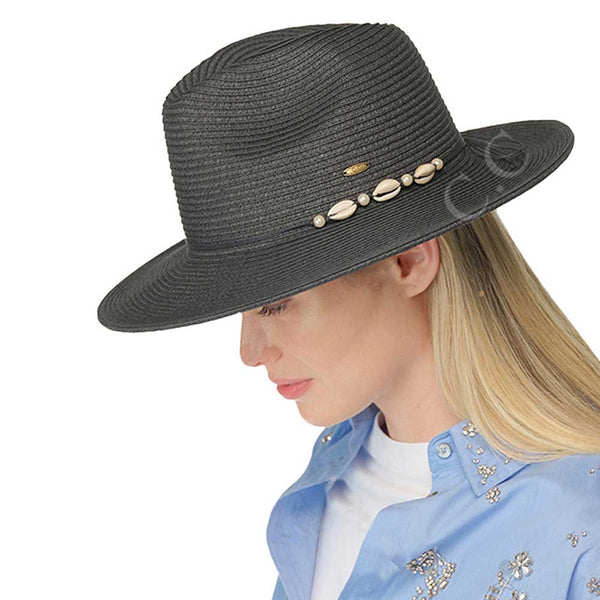 Black C.C Shell And Pearl Trim Band Panama Sunhat, Keep your styles on even when you are relaxing at the pool or playing at the beach. Large, comfortable, and perfect for keeping the sun off of your face, neck, and shoulders. Perfect summer, beach accessory. Ideal for travelers who are on vacation or just spending some time in the great outdoors. A great sunhat can keep you cool and comfortable even when the sun is high in the sky.