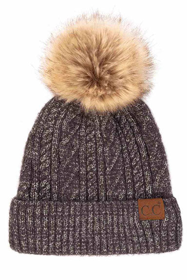 Beige C.C Woven Cable Stitch Cuff Beanie With Soft Color Fur Pom, wear this beautiful Beanie Hat while going outdoor and keep yourself warm and stylish. The color variation makes the Hat suitable for everyone's choice. It feels cozy and a perfect match with any type of outfit. It's a perfect winter gift accessory for birthdays, Christmas, stocking stuffers, secret Santa, holidays, anniversaries.