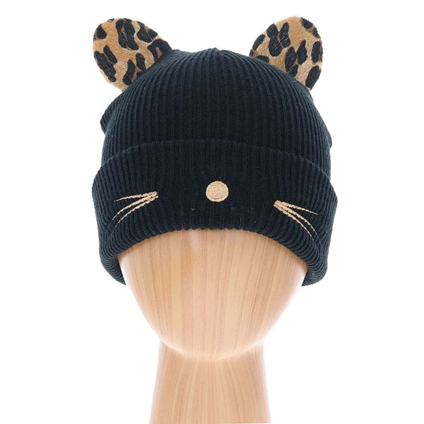 Black Cable Knit Leopard Pattern Cat Ear Beanie Hat, before running out the door into the cool air, you’ll want to reach for this cable knit toasty beanie to keep you incredibly warm. It will make you stand out from the crowd. Accessorize the fun way with this faux fur pom pom hat, it's the autumnal touch you need to finish your outfit in style. Perfect to wear at winter parties, prom, graduation, wedding, etc. Awesome winter gift accessory!