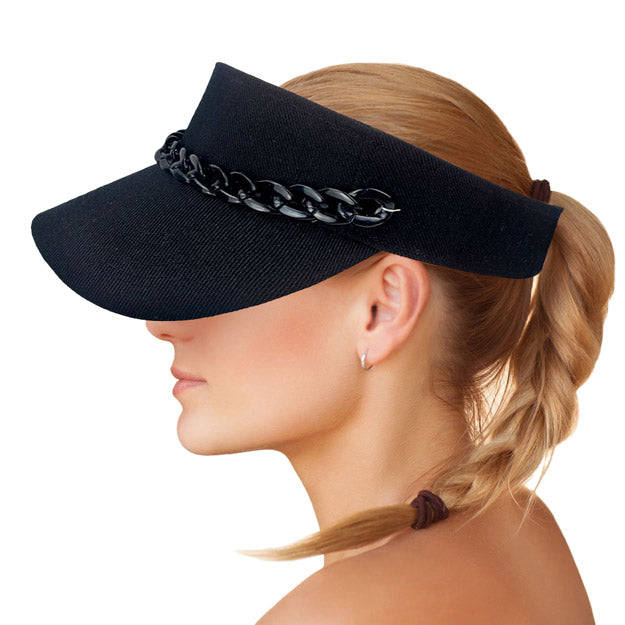 Black Chain Band Visor Hat, Keep your styles on even when you are relaxing at the pool or playing at the beach. Large, comfortable, and perfect for keeping the sun off of your face, neck, and shoulders Perfect summer, beach accessory. Ideal for travelers who are on vacation or just spending some time in the great outdoors.