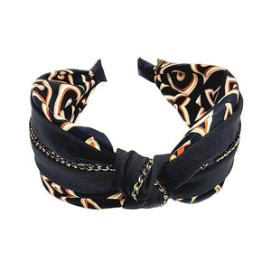 Black Chain Pointed Geometric Patterned Burnout Knot Headband,  Be ready to receive compliments. Push back your hair with this burnout knot printed headband, and spice up any plain outfit! Be the ultimate trendsetter wearing this chic headband with all your stylish outfits! Perfect for everyday wear, special occasions, outdoor festivals, and more.