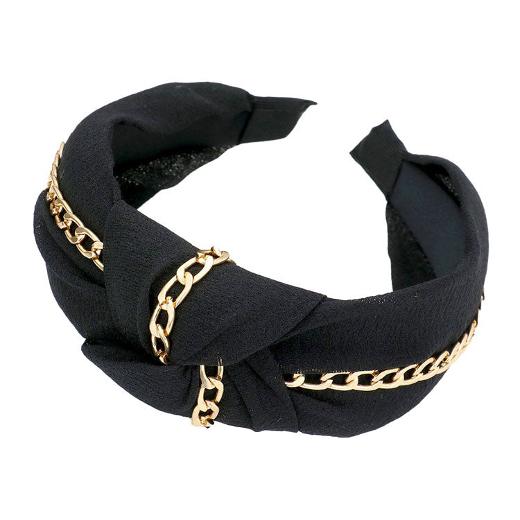 Black Chain Trim Knot Headband, Take your outfit to the next level in this gorgeous gold color chain knot headband! This headband is an easy way to dress up your outfit. It's just so chic! Be the ultimate trendsetter wearing this chic headband with all your stylish outfits! Very beautiful accessory for ladies, For occasions: parties, birthdays, weddings, festivals, dances, celebrations, ceremonies, gift and other daily activities.
