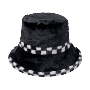 Black Check Pattern Detailed Faux Fur Bucket Hat,  is a beautiful addition to your attire. Before running out the door into the cool air, you’ll want to reach for this toasty bucket hat to keep you incredibly warm. Accessorize the fun way with this check pattern faux fur bucket hat, it's the autumnal touch you need to finish your outfit in style. Show your trendy side with this lovely bucket hat. 