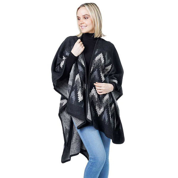 Black Chevron Pattern Cape, on trend & fabulous, a luxe addition to any weather ensemble. The perfect accessory, luxurious, trendy, super soft chic capelet, keeps you very comfortable. You can throw it on over so many pieces elevating any casual outfit! Perfect Gift for Wife, Mom, Birthday, Holiday, Anniversary, Fun Night Out.