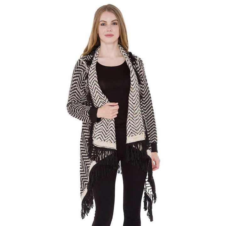 Black Chevron Zigzag Pattern Fringe Knit Cardigan is a perfect winter accessory and trendy wear to keep you out of chill on the cold days and winter. Super soft chic capelet that keeps you warm and toasty. Beautiful Chevron Zigzag Pattern makes it eye-catchy and attractive that can easily draw other's attention. You can throw it on over so many pieces elevating any casual outfit! Perfect Gift for Wife, Mom, Birthday, Holiday, Christmas, Anniversary, Fun Night Out. Have a warm winter!