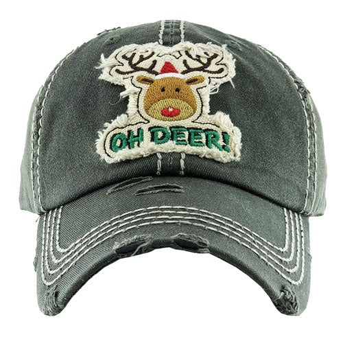 Black Christmas Cotton OH DEER! Rudolph Vintage Baseball Cap. Fun cool Christmas themed vintage cap. Perfect for walks in sun, great for a bad hair day. The distressed frayed style with faded color gives it an awesome vintage look. Soft textured, embroidered message with fun statement will become your favorite cap.