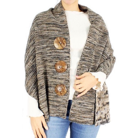 Black Coconut Button Accented Knit Patterned Shawl Cape Poncho Outwear Ruana, the perfect accessory, luxurious, trendy, super soft chic capelet, keeps you warm & toasty. You can throw it on over so many pieces elevating any casual outfit! Perfect Gift Birthday, Holiday, Christmas, Anniversary, Wife, Mom, Special Occasion