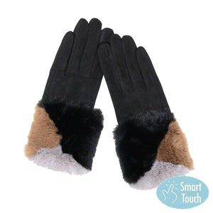 Black Color Block Faux Fur Cuff Accented Soft Suede Smart Gloves, gives your look so much eye-catching texture w cool design, a cozy feel, fashionable, attractive, cute looking in winter season, these warm accessories allow you to use your phones. Perfect Birthday Gift, Valentine's Day Gift, Anniversary Gift.