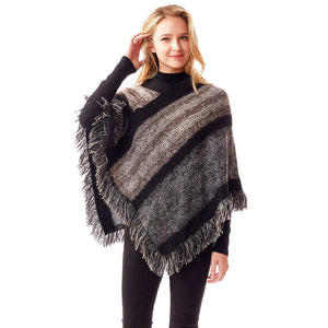 Black Colorful Vertical Stripe Patterned Poncho Faux Fur Outwear, the perfect accessory, luxurious, trendy, super soft chic capelet, keeps you warm & toasty. You can throw it on over so many pieces elevating any casual outfit! Perfect Gift Birthday, Holiday, Christmas, Anniversary, Wife, Mom, Special Occasion