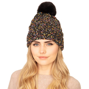 Black Confetti Cable Knit Pom Pom Beanie Warm Winter Hat; before running out the door into the cool air, you’ll want to reach for this toasty beanie to keep you incredibly warm. Accessorize the fun way with this faux fur pom pom hat, it's the autumnal touch you need to finish your outfit in style. Awesome winter gift accessory! Perfect Gift Birthday, Christmas, Stocking Stuffer, Secret Santa, Holiday, Anniversary, Valentine's Day, Loved One