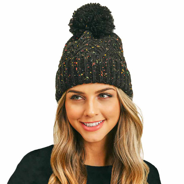 Black Confetti Diagonal Stripes Pompom Knit Beanie, awesome stripes design with yarn pompom makes it beautiful and keeps you standing out with perfect beauty. Wear throughout the winter and cold days to ensure absolute comfortability. Accessorize the fun way with this faux fur pom pom hat. Coordinate with any outfit to match the best with perfect warmth and coziness. It Comes in one size winter cap with a pom that fits most head sizes. Enjoy the winter in comfort with this Heart Beanie!