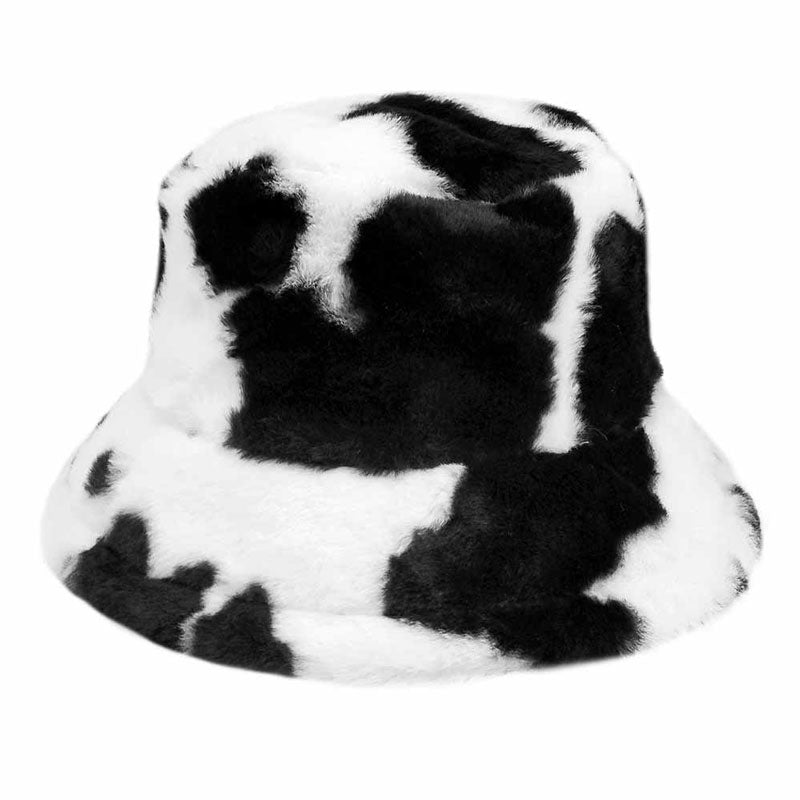 Black Cow Patterned Faux Fur Bucket Hat, this cow patterned bucket hat is nicely designed and a great addition to your attire. Have fun and look stylish anywhere outdoors. Great for covering up when you are having a bad hair day. Perfect for protecting you from the wind, snow, beach, pool, camping, or any outdoor activities in cold weather. Amps up your outlook with confidence with this trendy bucket hat. Perfect gift for Birthdays, Christmas, Stocking stuffers, Secret Santa, holidays, etc.