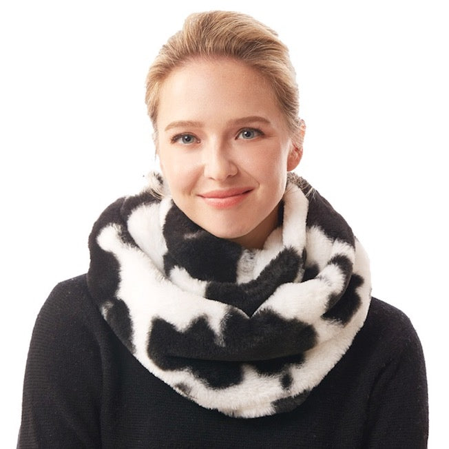 Black Cow Patterned Cattle Print Plush Faux Fur Winter Sherpa Infinity Scarf; delicate, warm, on trend & fabulous, deluxe addition to any cold-weather ensemble. Wraparound, loops around neck, great for daily wear. Perfect Gift Birthday, Christmas, Anniversary, Holiday, Valentine's Day, Loved One