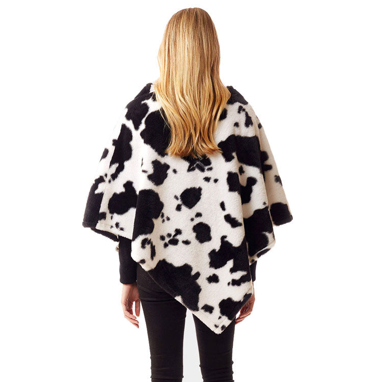 Black Cow Patterned Soft Faux Fur Poncho, the perfect accessory, luxurious, trendy, super soft chic capelet, keeps you warm and toasty. You can throw it on over so many pieces elevating any casual outfit! Perfect Gift for Wife, Mom, Birthday, Holiday, Christmas, Anniversary, Fun Night Out