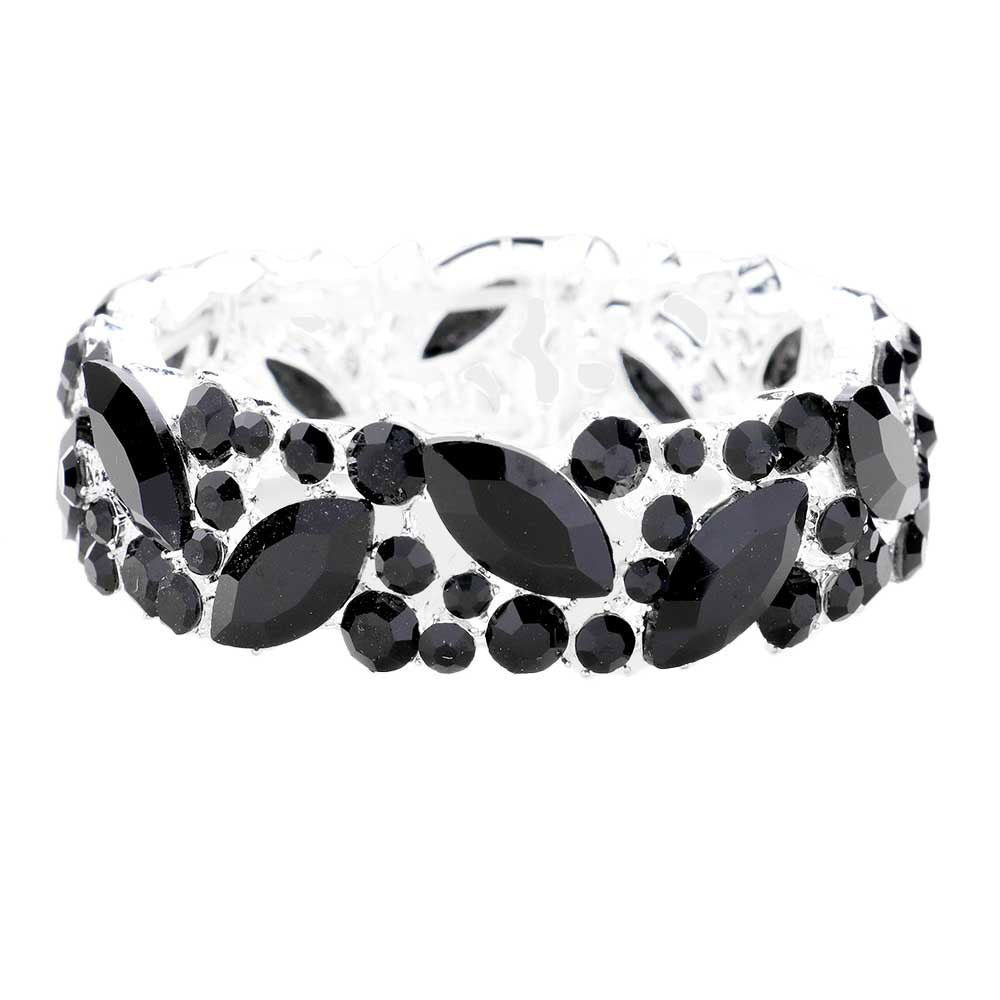Black Crystal Glass Marquise Evening Stretch Bracelet. This Crystal Evening Stretch Bracelet sparkles all around with it's surrounding, stretch bracelet that is easy to put on, take off and comfortable to wear. It looks modern and is just the right touch to set off. Perfect jewelry to enhance your look. Awesome gift for birthday, Anniversary, Valentine’s Day or any special occasion.