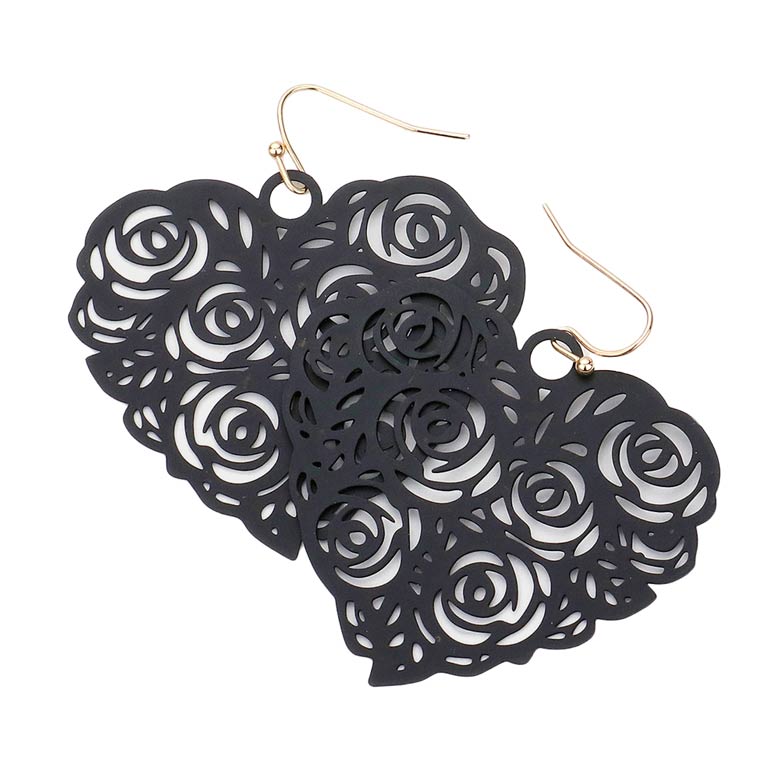 Black Cut Out Flower Detailed Brass Metal Heart Dangle Earrings, Take your love for accessorizing to a new level of affection with the floral heart dangle earrings. These earrings are crafted with metal & a heart design that adds a gorgeous glow to any outfit. Adorable and will get you into that lovely mood in an instant! Wear these gorgeous earrings to make you stand out from the crowd & show your trendy choice this valentine.