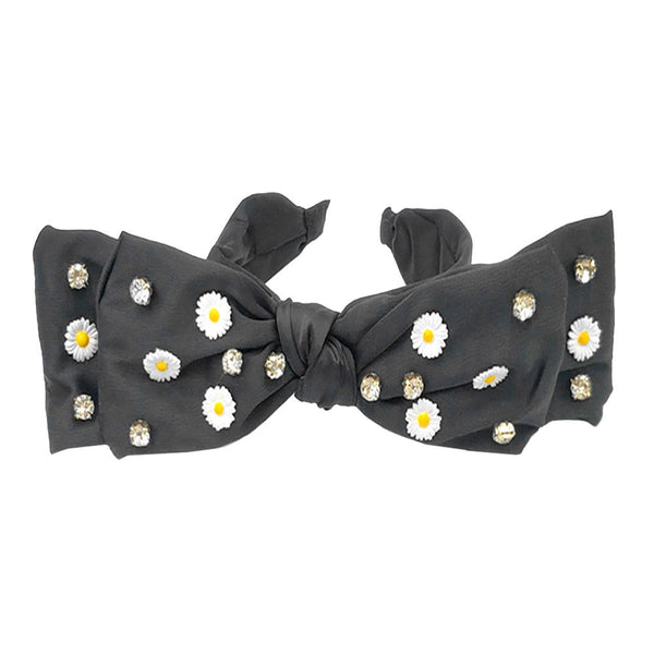 Black Daisy Flower Stone Embellished Bow Headband, these headband are so comfy. You will be protected in the harshest of elements, and adding a touch of sleek style to your look. Be ready to receive compliments. Perfect for everyday wear; special occasions, outdoor festivals and more.