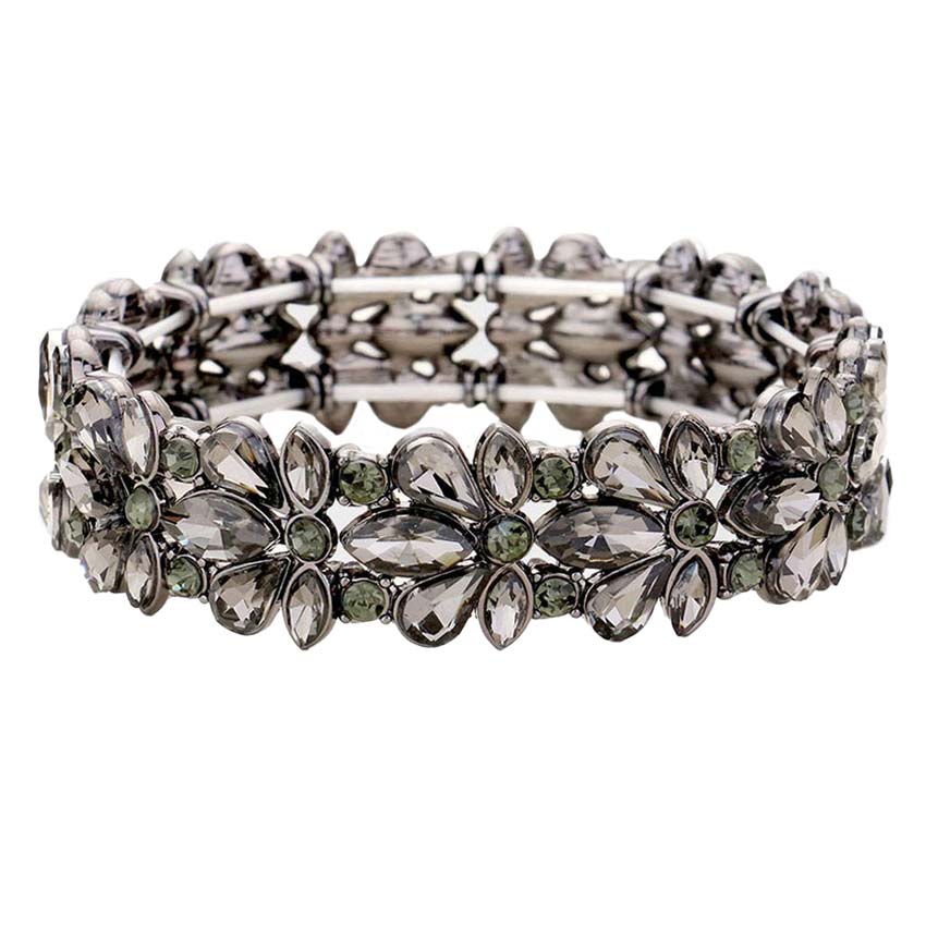 Black Diamond Floral Crystal Stretch Evening Bracelet, This Flower detailed Crystal  stunning stretch bracelet is sure to get you noticed, adds a gorgeous glow to any outfit. perfect for a night out on the town or a black tie party, ideal for Special Occasion or an Evening out. Awesome gift for birthday or any special occasion.
