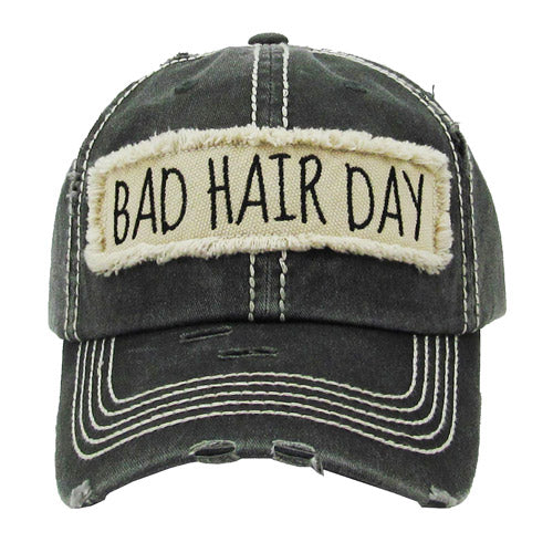 Black Distressed Bad Hair Day Baseball Cap, cool vintage cap turns your bad hair day into a good day. The distressed frayed style with faded color, embroidered patch and contrast stitching baseball cap with fun statement will become your favorite cap. Perfect Birthday Gift, Mother's Day Gift, Anniversary Gift, Thank you Gift