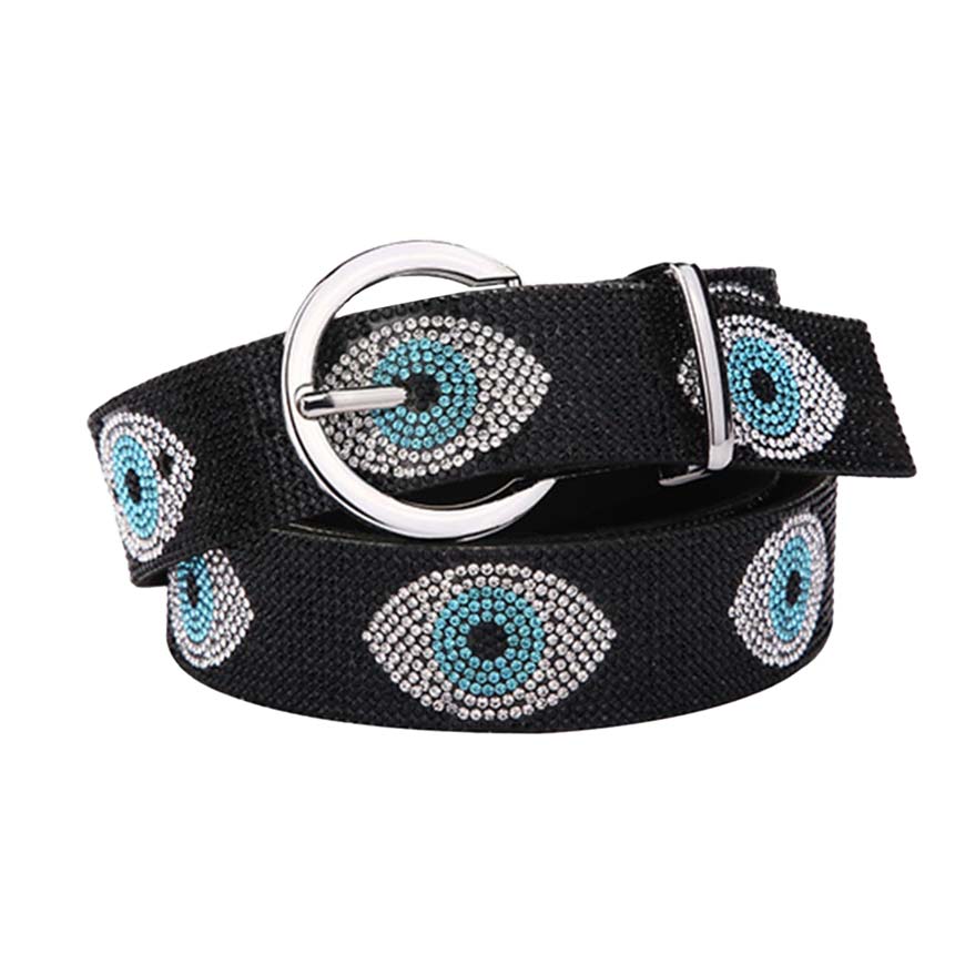 Black Double Open Circle Link Crystal Rhinestone Pave Belt, Women's Evil Eye accented Crystal Rhinestone Pave glamorous Belt. a timeless selection, luminous crystals add a luxurious shine to this eye-catching rhinestone adjustable belt. Great for a western or jeans look with plenty of attractive details. Celebrate your special occasions in style with this unique & beautiful belt. Coordinates with any ensemble from day to night.