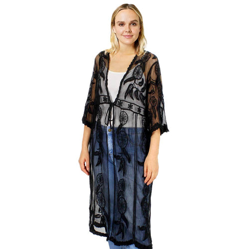 Dream Catcher Lace Long Cover Up Kimono Poncho - Black