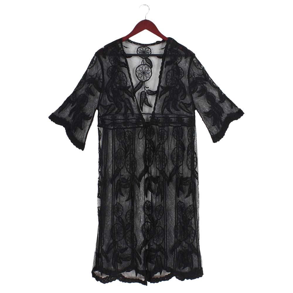 Dream Catcher Lace Long Cover Up Kimono Poncho Black