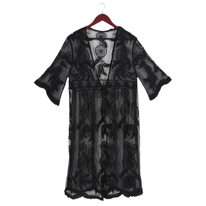 Black Dream Catcher Lace Long Cover Up Kimono Poncho, will amp up your beauty & confidence and make you stand out with its eye-catchy design. Coordinate this dream catcher lace long cover-up kimono with any ensemble to finish in perfect style and get ready to receive beautiful compliments. It will be your favorite accessory to wear everywhere with a perfect look.