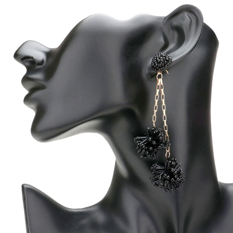 Black Dropped Beaded Double Ball Dangle Earrings, Show your unique & trendy choice with these ball link dangle earrings; Featuring different color combinations for a bit of fashionable touch. Perfect for Fleur de Lis, the new year, parties, etc. Stay unique & beautiful! Great gift idea for your Loving One. Enjoy the moments!