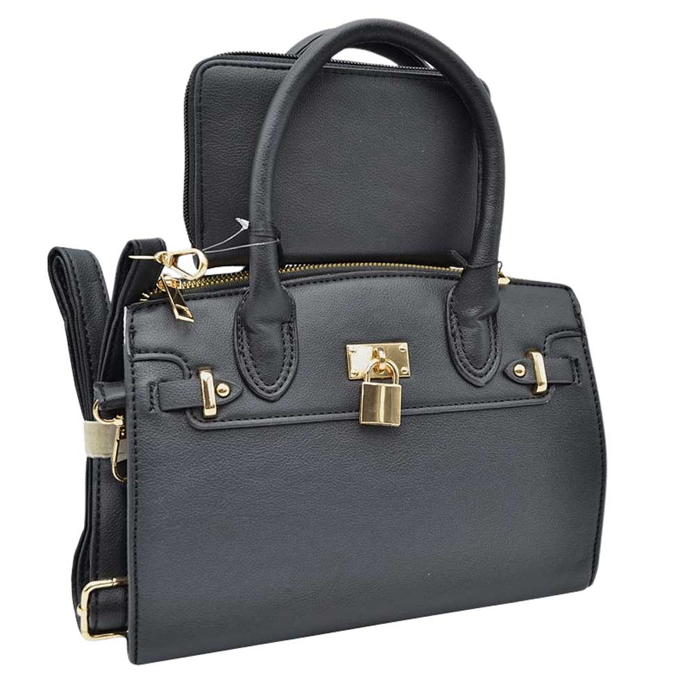 Black Elegant 2 In 1 Women's Medium Top Handle Satchel Totes Handbag with Wallet, 2 in 1 satchel handbag with matching wallet, is perfect to accompany you to work or go shopping. With this top handle, you can wear the bag elegantly on the shoulder. The large main compartment gives a lot of storage space, so you can place all purchases but also valuables and documents in it. The fashionable pattern of the shoulder bag also go well with chic business looks as well as casual everyday styling. 