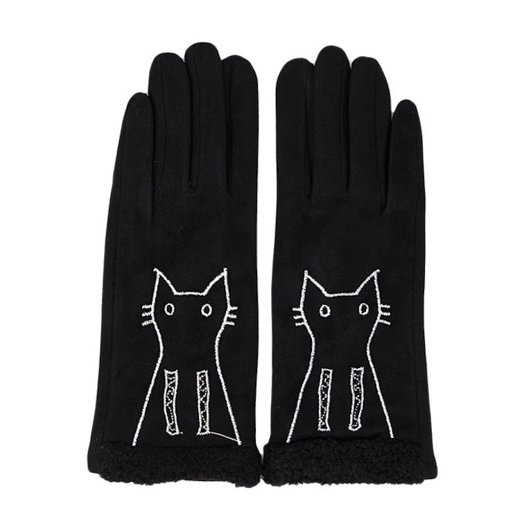 Black Faux Suede Embroidery Cat Detail Solid Smart Touch Gloves, stylish, chic, glam and soft suede feel, the perfect accessory to complete any outfit. Keep your hands warm while staying stylish. Great gift for a loved one, a cat lover or yourself! Touchscreen compatible fingertip. Navy, Beige, Black, Pink, Burgundy, Gray