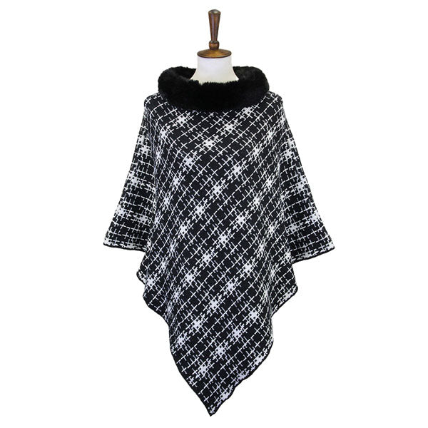 Black Fall Winter Patterned Faux Fur Collar Poncho, the perfect accessory, luxurious, trendy, super soft chic capelet, keeps you warm and toasty. You can throw it on over so many pieces elevating any casual outfit! Perfect Gift for Wife, Mom, Birthday, Holiday, Christmas, Anniversary, Fun Night Out