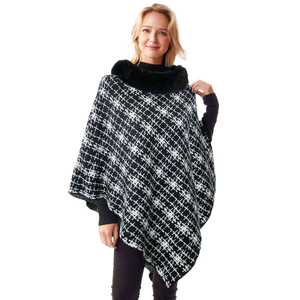 Black Fall Winter Patterned Faux Fur Collar Poncho, the perfect accessory, luxurious, trendy, super soft chic capelet, keeps you warm and toasty. You can throw it on over so many pieces elevating any casual outfit! Perfect Gift for Wife, Mom, Birthday, Holiday, Christmas, Anniversary, Fun Night Out