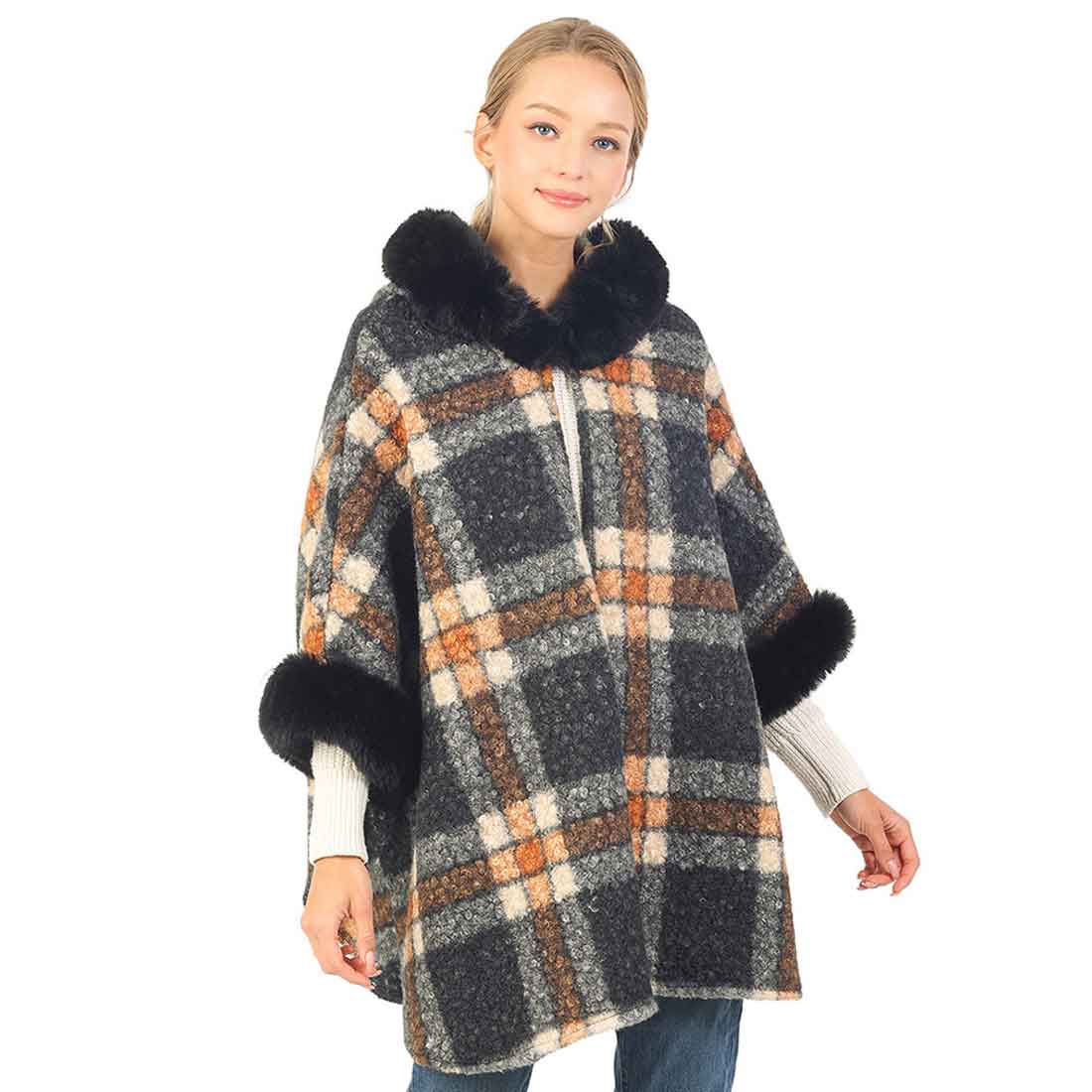 Black Fall Winter Soft Checker Pattern Hoodie Cape with Faux Fur, This Soft Checker Pattern Hoodie Cape hits a ‘fashion home run’- on the outside and the same inside for super warmth and comfort. Perfect to keep your head and neck toasty warm. You can throw it on over so many pieces elevating any casual outfit! Perfect Gift for Wife, Mom, Birthday, Holiday, Anniversary, Fun Night Out.