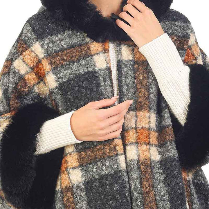 Black Fall Winter Soft Checker Pattern Hoodie Cape with Faux Fur, This Soft Checker Pattern Hoodie Cape hits a ‘fashion home run’- on the outside and the same inside for super warmth and comfort. Perfect to keep your head and neck toasty warm. You can throw it on over so many pieces elevating any casual outfit! Perfect Gift for Wife, Mom, Birthday, Holiday, Anniversary, Fun Night Out.