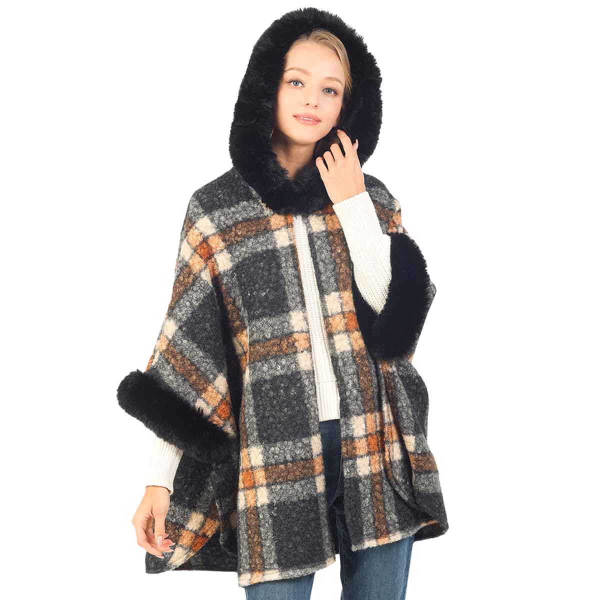 Black Fall Winter Soft Checker Pattern Hoodie Cape with Faux Fur, This Soft Checker Pattern Hoodie Cape hits a ‘fashion home run’- on the outside and the same inside for super warmth and comfort. Perfect to keep your head and neck toasty warm. You can throw it on over so many pieces elevating any casual outfit! Perfect Gift for Wife, Mom, Birthday, Holiday, Anniversary, Fun Night Out.