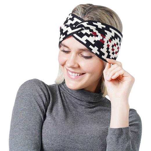 Black Fashionable Western Pattern Knit Headband. On trend & fabulous, a luxe addition to any cold-weather ensemble. Great for daily wear in the cold winter to protect you against chill, classic infinity-style scarf & amps up the glamour with plush material that feels amazing snuggled up against your cheeks. perfect Gift for Wife, Mom, Birthday, Holiday, Christmas, Anniversary, Fun Night Out!
