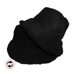 Black Fashionable Winter Reversible Faux Fur Sherpa Bucket Hat, Before running out the door into the cool air, you’ll want to reach for these  Faux Fur Sherpa Bucket Hatto keep you incredibly warm and comfortable even when the sun is high in the sky.  Perfect for keeping the sun off of your face, neck, and shoulders.