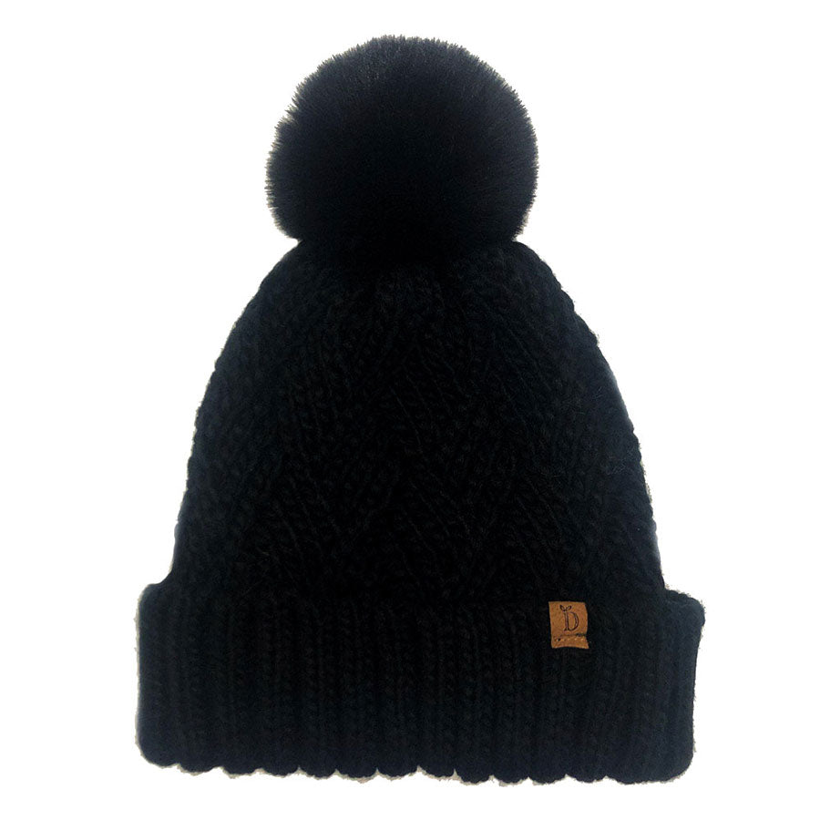 Black Faux Fur Pom Pom Cable Knit Beanie Hat, Accessorize the fun way with this pom pom beanie hat, the autumnal touch you need to finish your outfit in style. Awesome winter gift accessory! Perfect Gift Birthday, Christmas, Holiday, Anniversary, Valentine’s Day, Loved One.