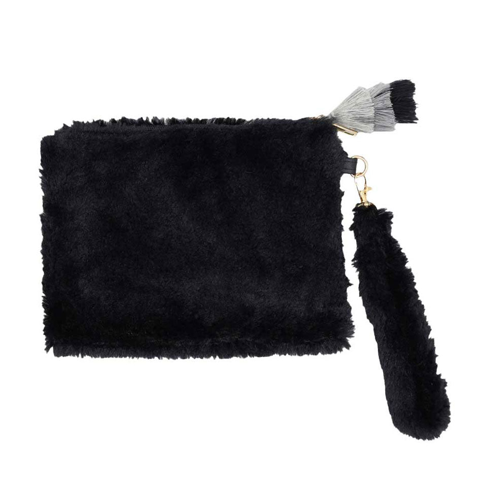Black Faux Fur Tassel Pouch With Wristlet, shows your trendy look with this awesome tassel pouch design wristlet bag. Whether you are out shopping, going to the pool or beach, or anywhere else. These tassel themed pouch bag is the perfect accessory for holding your handy items comfortably. Spacious enough for carrying any and all of your belongings and essentials. Perfect Birthday Gift, Anniversary Gift, Just Because Gift, Mother's Day Gift.