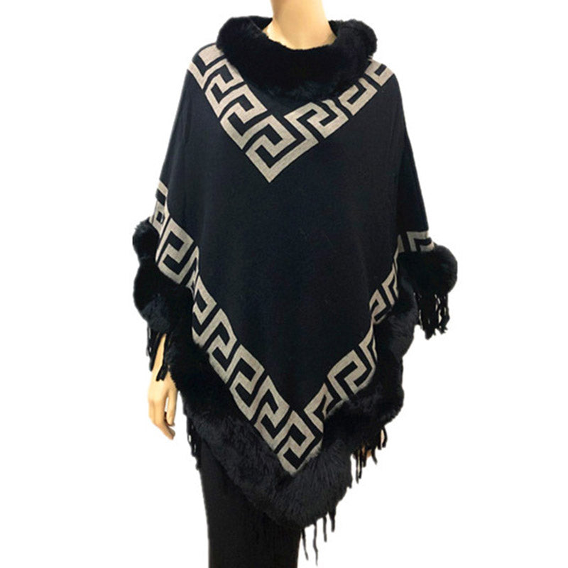 Faux Fur Trim Black Knit Greek Key Poncho Ruana, Black Meander Pattern with Faux Fur Trim Poncho Ruana, warm soft and elegant, great for any occasion, will become your favorite accessory