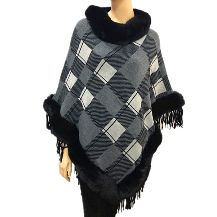 Beige Faux Fur Trim Knit Plaid Poncho Ruana, Beige Plaid Pattern with Faux Fur Trim Poncho Ruana, warm soft and elegant, great for any occasion, will become your favorite accessory