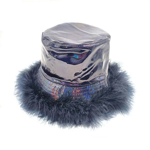 Black Faux Fur Trimmed Hologram Bucket Hat, From daily life to holidays, this super stylish bucket hat's cozy fabric will keep you looking great and feeling warm. It's elegant, comfortable, and fashionable. This trimmed bucket hat is to be a great Christmas gift for women, ladies, and girls. A wide range of colors lets you choose your favorite one or you can pick several colors to go with your clothes! Suitable for winter, spring, and autumn.