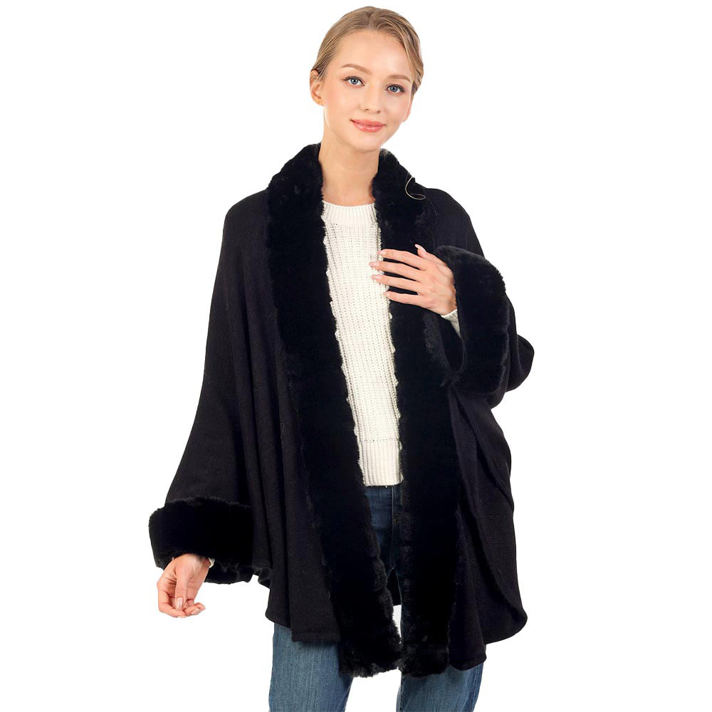 Black Faux Fur Trimmed Solid Long Shawl Poncho Cape, ensure your upper body stays perfectly warm when the temperatures drop, timelessly beautiful, gently nestles around the collar and feels exceptionally comfortable to wear. This fur themed faux fur poncho cape is a perfect accessory, luxurious, trendy, super soft chic capelet, keeps you warm and toasty. Perfect winter gift for your loved ones.