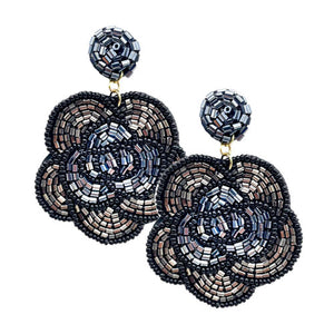 Black Felt Back Beaded Flower Dangle Earrings. Gift someone or yourself these ultra-chic earrings, they will take your look up a notch, versatile enough for wearing straight through the week, perfectly lightweight for all-day wear, coordinate with any ensemble from business casual to everyday wear, the perfect addition to every outfit. Adds a touch of nature-inspired beauty to your look.