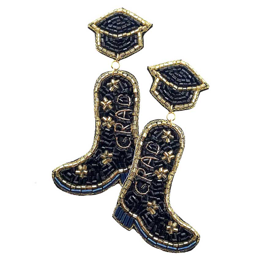 Black Felt Back Grad Message Cowboy Boots Beaded Dangle Earrings, celebrate your momentous occasion with these beaded dangle earrings! Very lightweight & comfortable enough for all-day wear! Make your graduation costume a gorgeous glow & this earring will give you the best graduation experience. You’ll have fun and get many compliments wearing these beautiful beaded dangle earrings.
