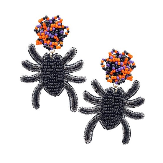 Black Felt Back Seed Bead Spooky Spider Halloween Statement Dangle Earrings, Halloween is the time of year where there is magic in the night when pumpkins glow with candlelight, we have the perfect dangle earrings to add an eerie, ghostly style to your look. Dress up & have a spook-takular time! Perfect for Halloween Night