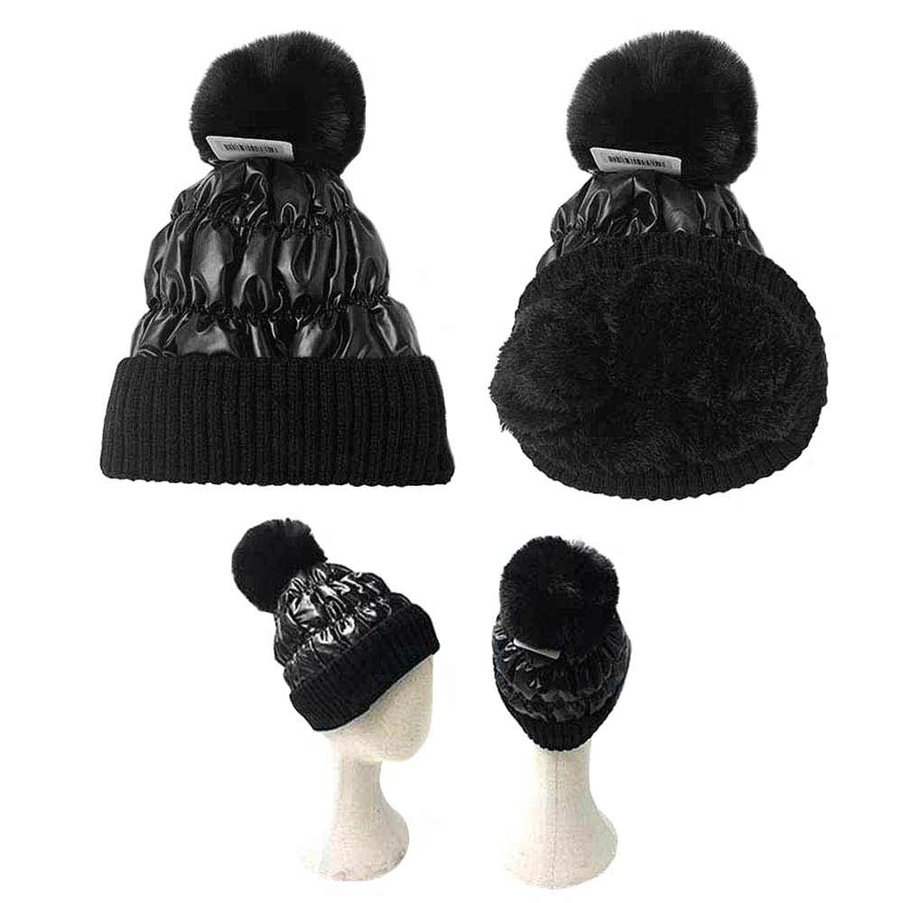 Black Fleece Lining Puffer Knit Pom Pom Beanie Hat, Whether you're dressing up or dressing down, you'll look effortlessly stylish in this Knitted pom pom beanie. It provides warmth to your head and ears. Puffer Outer material creates a Shiny and Metallic outlook. Daily wear and holiday also match. Perfect gift idea too!