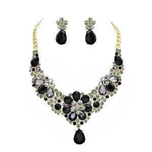 Black Floral Crystal Rhinestone Evening Necklace, is a stunning jewelry set that will sparkle all night long making you shine out like a diamond. This awesome jewelry set will make you stand out from the crowd on any special occasion and show your perfect class. A piece of perfect jewelry set for a night out on the town or a black tie party, baby showers, weddings, birthdays, receptions, or any other special occasion.