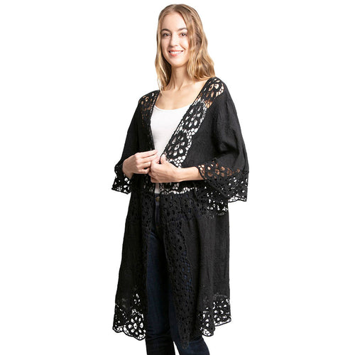 Floral Lace Trimmed Cover Up Kimono Poncho - Black
