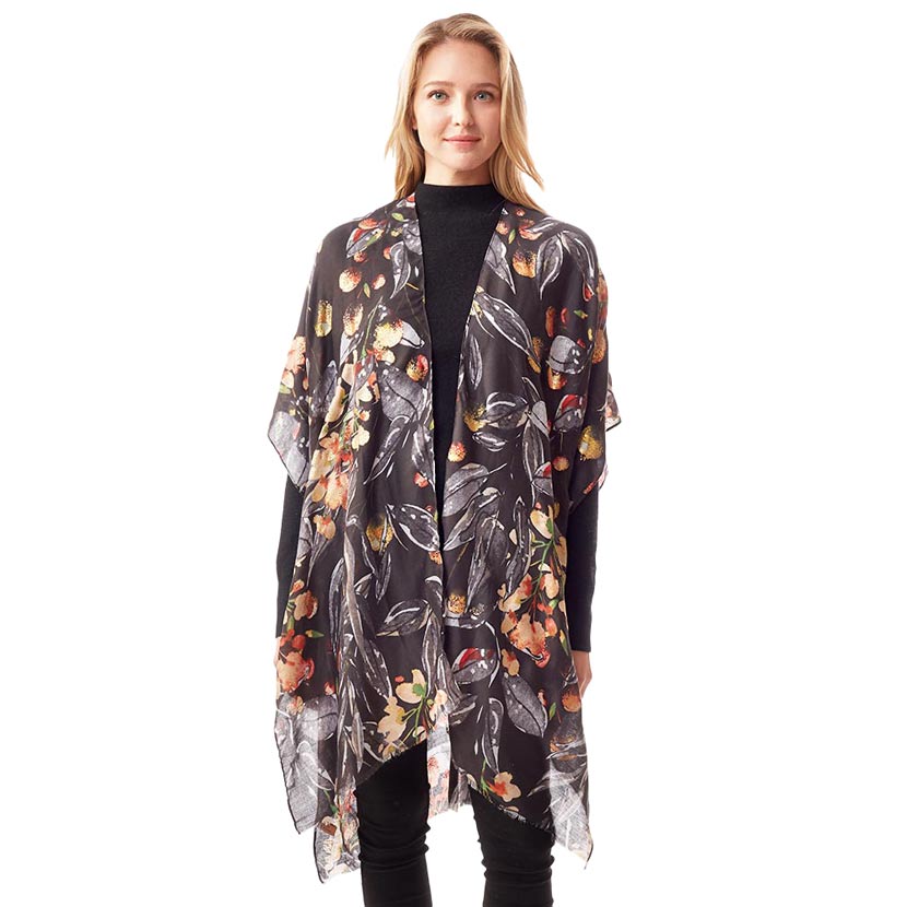 Black Floral Printed Gold Foil Accented Ruana Poncho, is an awesome and gorgeous accessory for enlightening your beautiful look and representing the perfect class with confidence. You'll love this gold foil gorgeous poncho and it will become a favorite accessory to enrich your attire. Throw it on over so many pieces elevating any casual outfit to get cute compliments. 